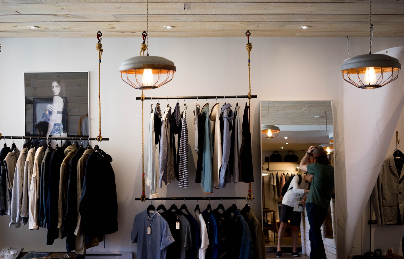 Clothing and accessories displayed inside an independent shop